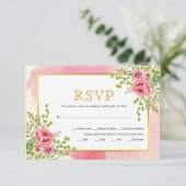 Roze bloemen goud lijst floral boho bruiloft RSVP kaartje (Staand voorkant)