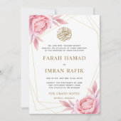 Roze Bloemen Goud Lijst Islamitische Moslim Bruilo Kaart (Voorkant)