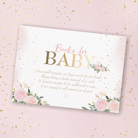 Roze Bloemen Goud Meisje Baby shower Boeken voor B Informatiekaartje