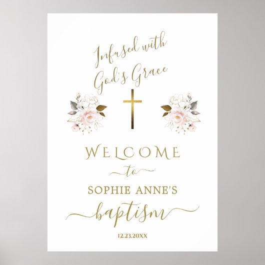 Roze Bloemen Goud Meisje Dopen Welkomstbord Poster (Voorkant)