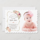 Roze Bloemen Goud Meisje Foto Doop Kaart (Voorkant)
