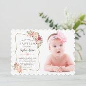 Roze Bloemen Goud Meisje Foto Doop Kaart (Staand voorkant)