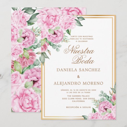 Roze Bloemen Goud Nuestra Boda Spaans Bruiloft Kaart (Voorkant / Achterkant)