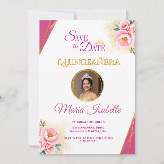 Roze Bloemen & Goud Quinceañera Save the Date Kaar Kaart (Voorkant)