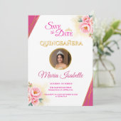 Roze Bloemen & Goud Quinceañera Save the Date Kaar Kaart (Staand voorkant)