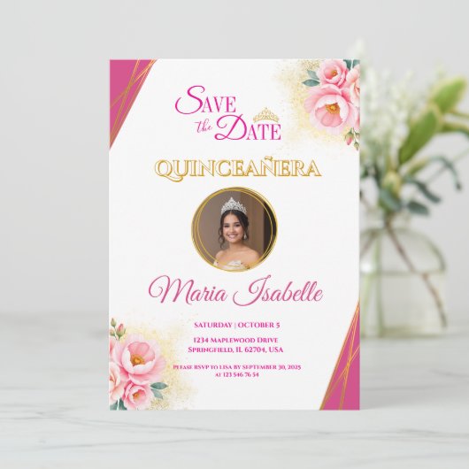 Roze Bloemen & Goud Quinceañera Save the Date Kaar Kaart (Staand voorkant)