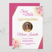 Roze Bloemen & Goud Quinceañera Save the Date Kaar Kaart (Voorkant / Achterkant)
