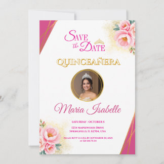 Roze Bloemen & Goud Quinceañera Save the Date Kaar Kaart