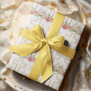 Roze Bloemen Goud Religieus Kruis Pasen Cadeaupapier