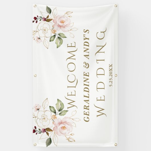 Roze bloemen goud trouw welkom bord met charmante  spandoek (Verticaal)