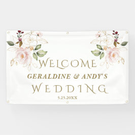 Roze bloemen goud trouw welkom bord met charmante spandoek