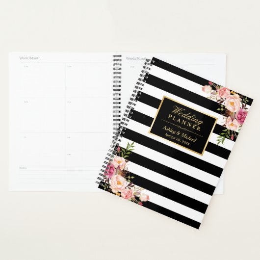 Roze Bloemen Goud Zwart Witte Strepen Huwelijk Planner (Display)