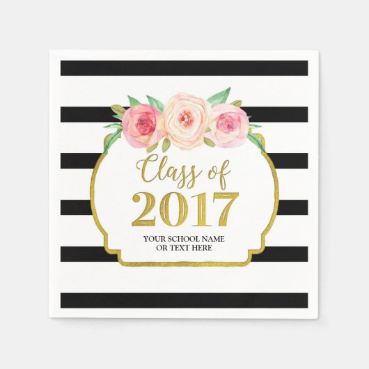 Roze Bloemen Goud Zwarte Strepen 2017 Afstuderen Servet (Voorkant)