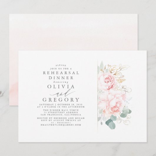 Roze Bloemen Gouden Bladeren Elegant repetitie din Kaart (Voorkant / Achterkant)