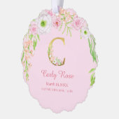 Roze Bloemen Gouden Brief "C" Monogram Geboorte St Ornament Kaart (Links)