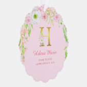 Roze Bloemen Gouden Brief "H" Monogram Geboorte St Ornament Kaart (Rechts)