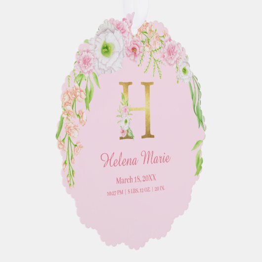 Roze Bloemen Gouden Brief "H" Monogram Geboorte St Ornament Kaart (Rechts)
