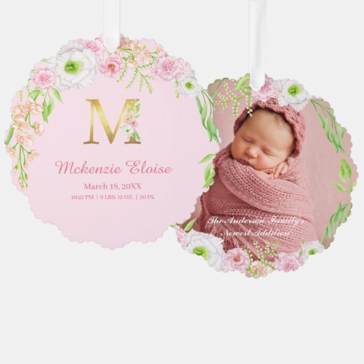 Roze Bloemen Gouden Brief "M" Monogram Geboorte St Ornament Kaart (Voorkant / Achterkant)