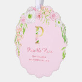 Roze Bloemen Gouden Brief "P" Monogram Geboorte St Ornament Kaart (Links)
