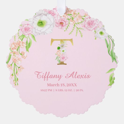 Roze Bloemen Gouden Brief "T" Monogram Geboorte St Ornament Kaart (Voorkant)