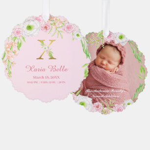 Roze Bloemen Gouden Brief "X" Monogram Geboorte St Ornament Kaart
