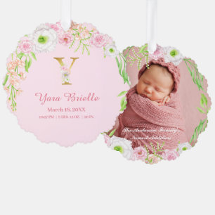Roze Bloemen Gouden Brief "Y" Monogram Geboorte St Ornament Kaart