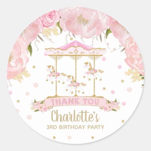 Roze Bloemen Gouden Carrousel Merry Go Ronde Verja Ronde Sticker (Voorkant)