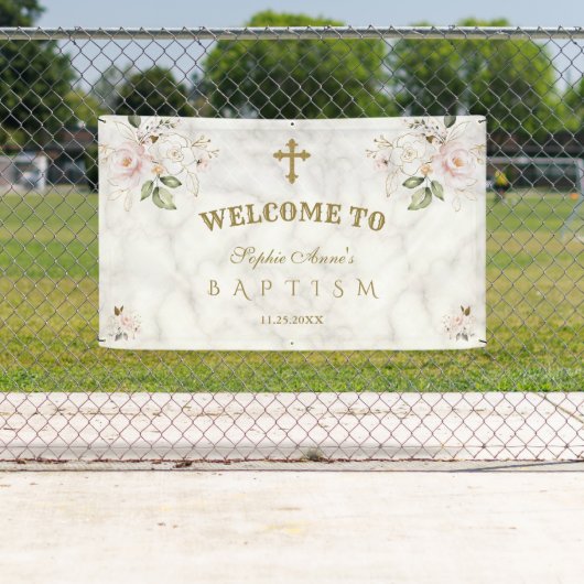 Roze Bloemen Gouden Doop Welkom Bord Spandoek (Insitu)