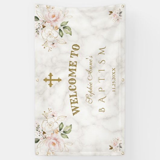 Roze Bloemen Gouden Doop Welkom Bord Spandoek (Verticaal)