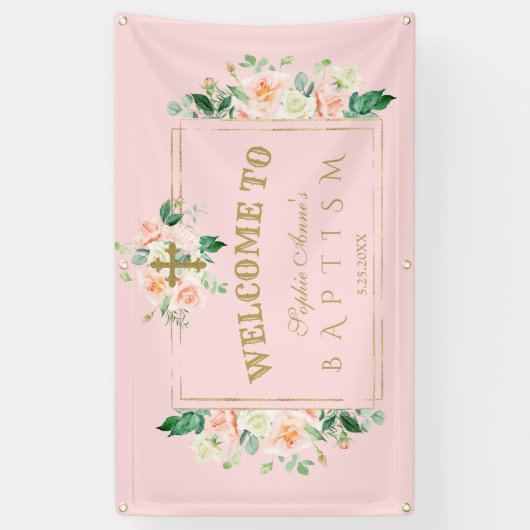 Roze Bloemen Gouden Doop Welkom Bord Spandoek (Verticaal)