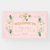 Roze Bloemen Gouden Doop Welkom Bord Spandoek (Horizontaal)