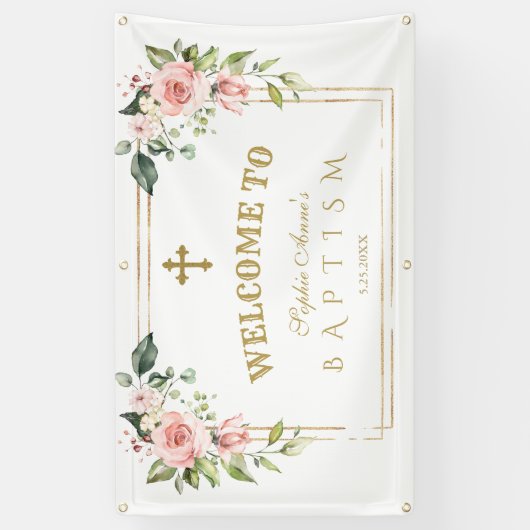 Roze bloemen gouden doop welkomstbord met charme spandoek (Verticaal)