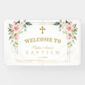 Roze bloemen gouden doop welkomstbord met charme spandoek (Horizontaal)