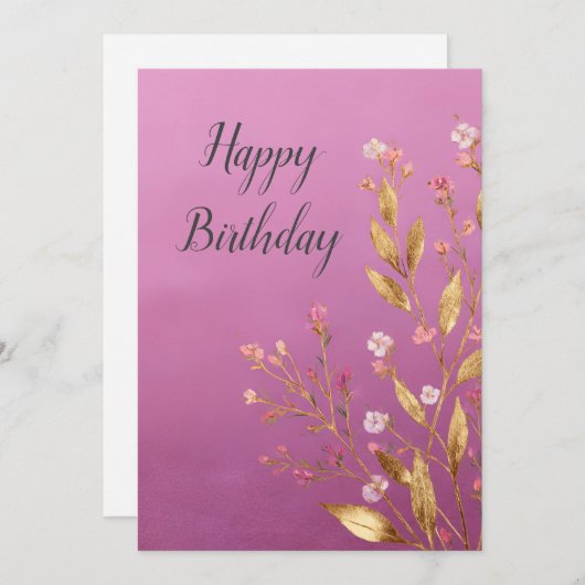 Roze Bloemen & Gouden Folie Trim Verjaardag Kaart (Voorkant / Achterkant)