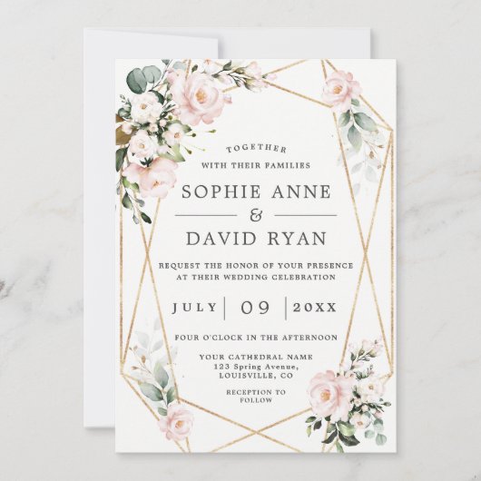 Roze Bloemen Gouden Frame All In One Trouwen Kaart (Voorkant)