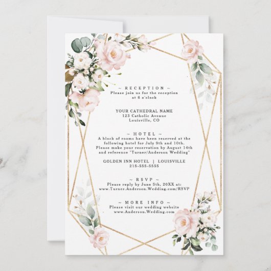 Roze Bloemen Gouden Frame All In One Trouwen Kaart (Achterkant)