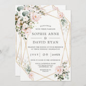 Roze Bloemen Gouden Frame All In One Trouwen Kaart (Voorkant / Achterkant)