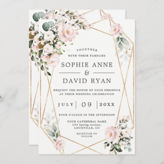 Roze Bloemen Gouden Frame All In One Trouwen Kaart (Voorkant / Achterkant)