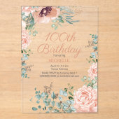 Roze Bloemen Gouden Glitter 100ste Acryl Verjaarda Acryl Uitnodigingen (Voorkant)