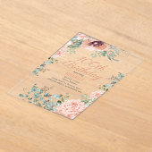 Roze Bloemen Gouden Glitter 100ste Acryl Verjaarda Uitnodigingen (Laagn)