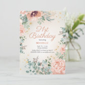 Roze Bloemen Gouden Glitter 21e Verjaardag Kaart (Staand voorkant)