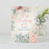 Roze Bloemen Gouden Glitter 50ste Verjaardag Kaart (Staand voorkant)