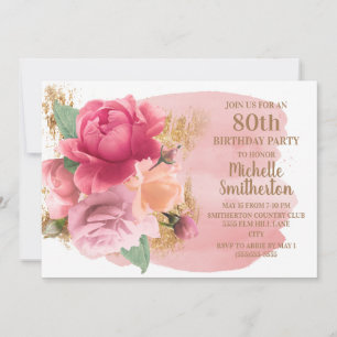 Roze Bloemen Gouden Glitter 80ste Verjaardagsfeest Kaart