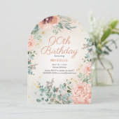 Roze Bloemen Gouden Glitter 90e Boogvormige Verjaa Kaart (Staand voorkant)