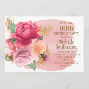 Roze Bloemen Gouden Glitter 90ste Verjaardagsfeest Kaart