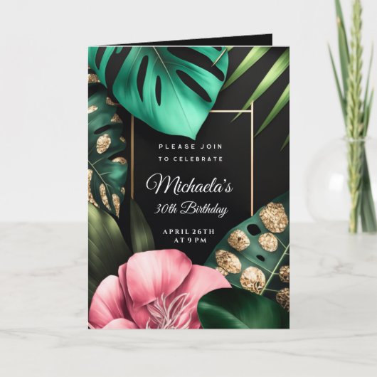 Roze bloemen gouden glitter bladeren verjaardagsfe (Voorkant)