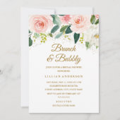 Roze Bloemen Gouden Glitter Brunch en Bubbly Kaart (Voorkant)