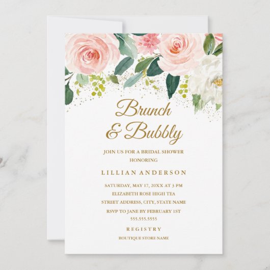 Roze Bloemen Gouden Glitter Brunch en Bubbly Kaart (Voorkant)