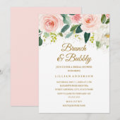 Roze Bloemen Gouden Glitter Brunch en Bubbly Kaart (Voorkant / Achterkant)