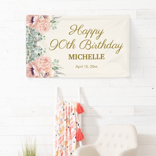 Roze Bloemen Gouden Glitter Gelukkige 90ste Verjaa Spandoek (Insitu)